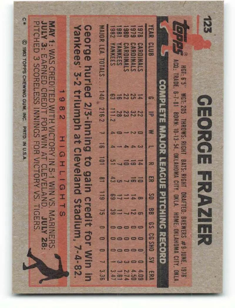 1983 Topps #123 George Frazier EX Excellent New York Yankees Baseball Card - Baseball Card Single