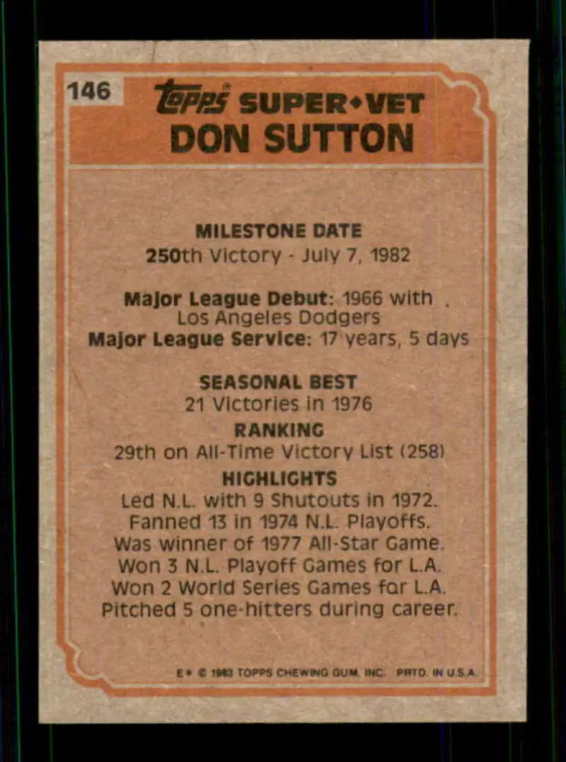 1983 Topps #146 Don Sutton EX Excellent Los Angeles Dodgers/Milwaukee Brewers Baseball Card - Baseball Card Single