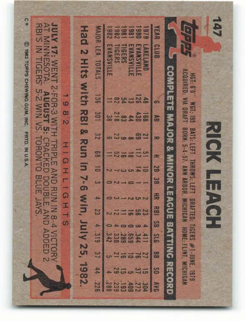 1983 Topps #147 Rick Leach EX Excellent Detroit Tigers Baseball Card - Baseball Card Single