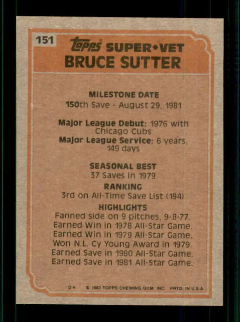 1983 Topps #151 Bruce Sutter EX Excellent Chicago Cubs/St. Louis Cardinals Baseball Card - Baseball Card Single