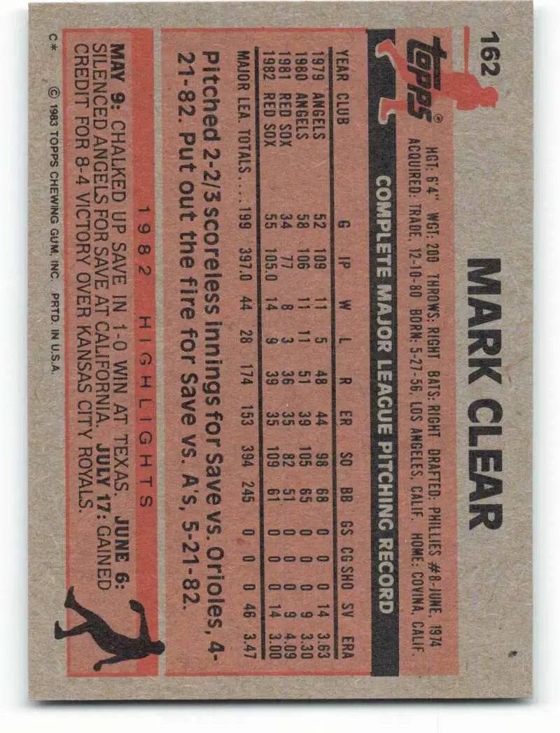1983 Topps #162 Mark Clear EX Excellent Boston Red Sox Baseball Card - Baseball Card Single