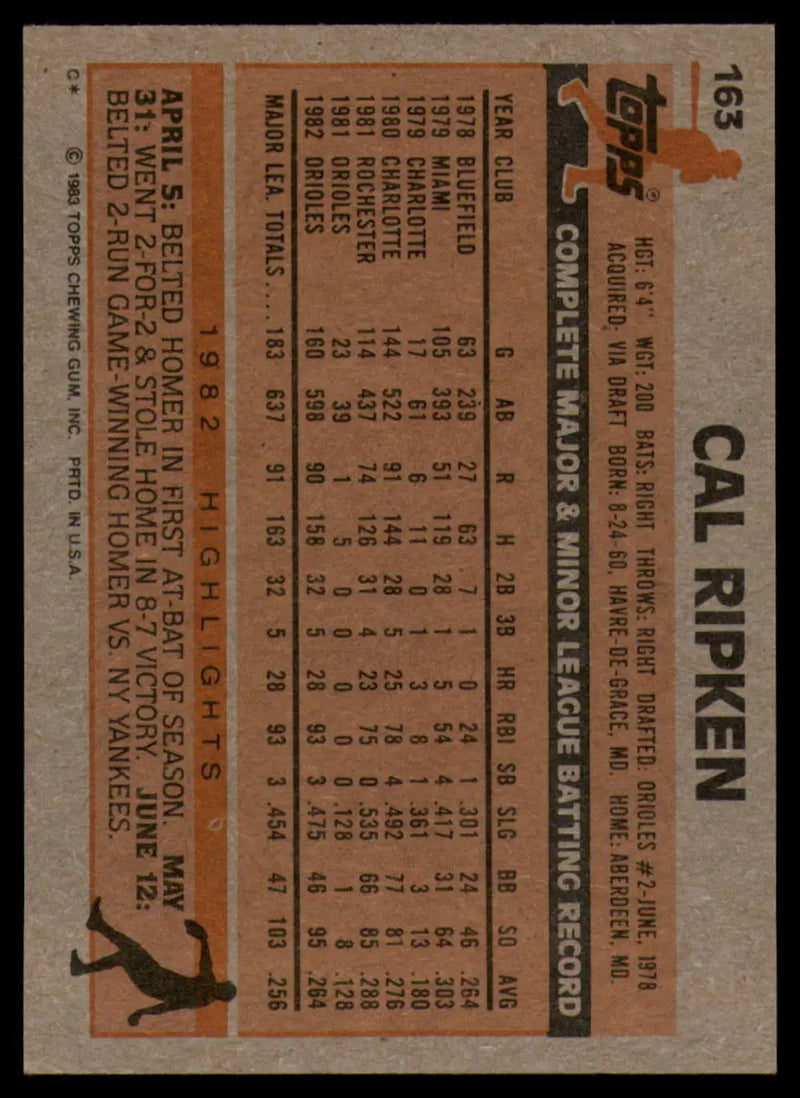 1983 Topps #163 Cal Ripken Jr. EX Excellent Baltimore Orioles Baseball Card - Baseball Card Single