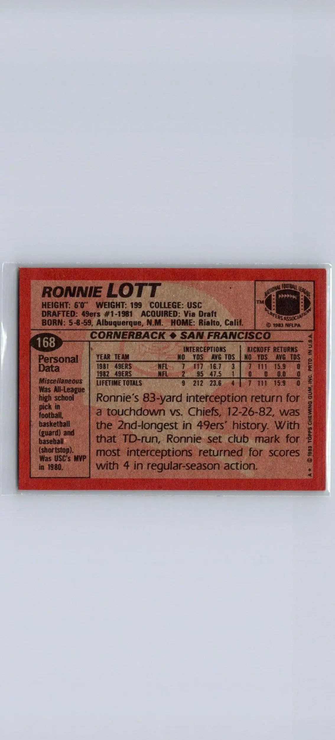 1983 Topps #168 Ronnie Lott football card for collectors of trading cards and sports memorabilia