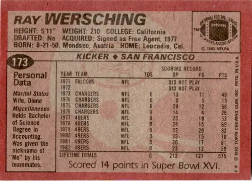 1983 Topps #173 Ray Wersching NM-MT 49ers DP ID:46030 - Trading Cards