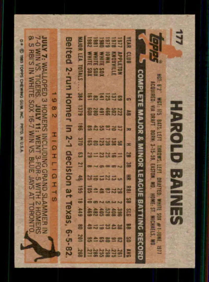 1983 Topps #177 Harold Baines EX Excellent Chicago White Sox Baseball Card - Baseball Card Single