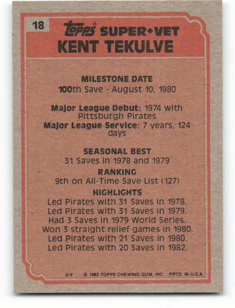1983 Topps #18 Kent Tekulve EX Excellent Pittsburgh Pirates Baseball Card - Baseball Card Single