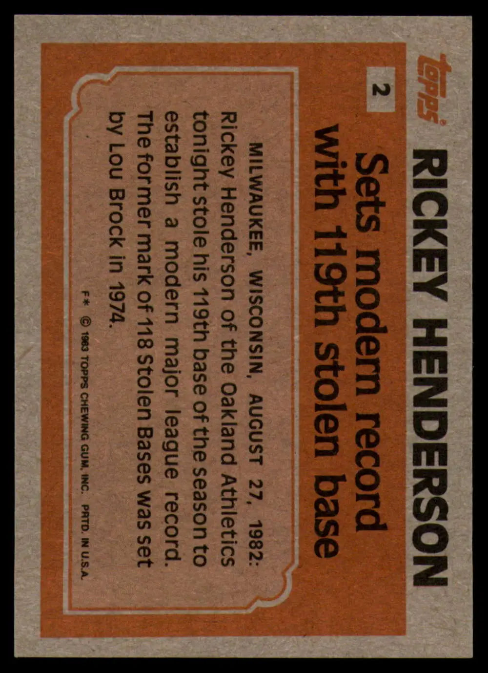 1983 Topps #2 Rickey Henderson EX Excellent Oakland Athletics Baseball Card - Baseball Card Single