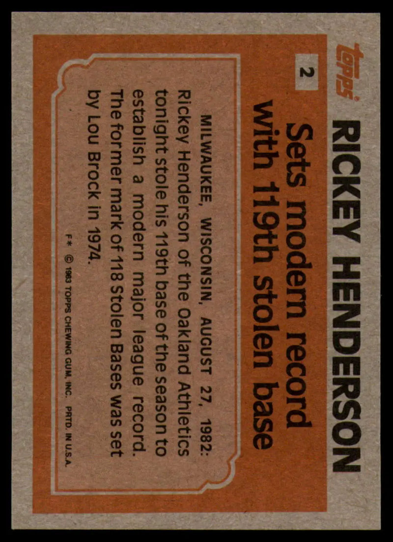 1983 Topps #2 Rickey Henderson EX Excellent Oakland Athletics Baseball Card - Baseball Card Single
