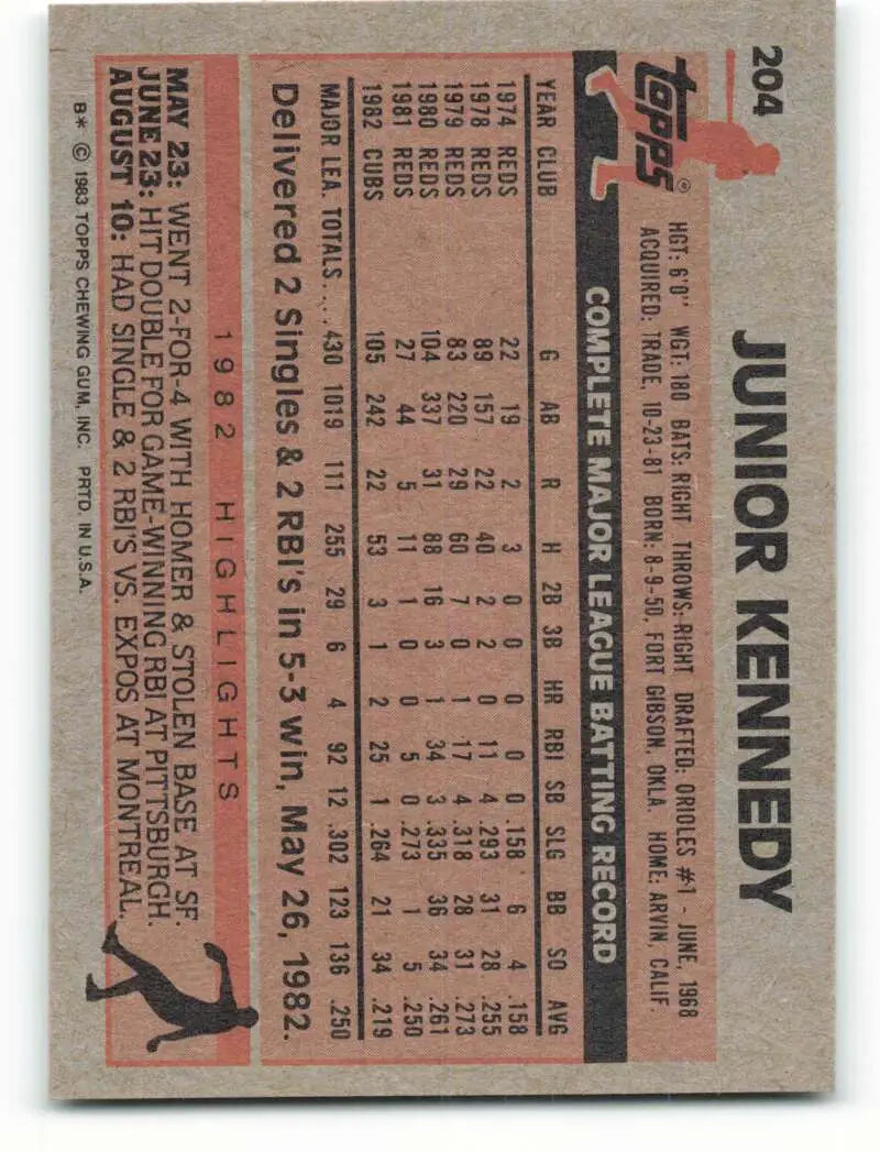 1983 Topps #204 Junior Kennedy EX Excellent Chicago Cubs Baseball Card - Baseball Card Single
