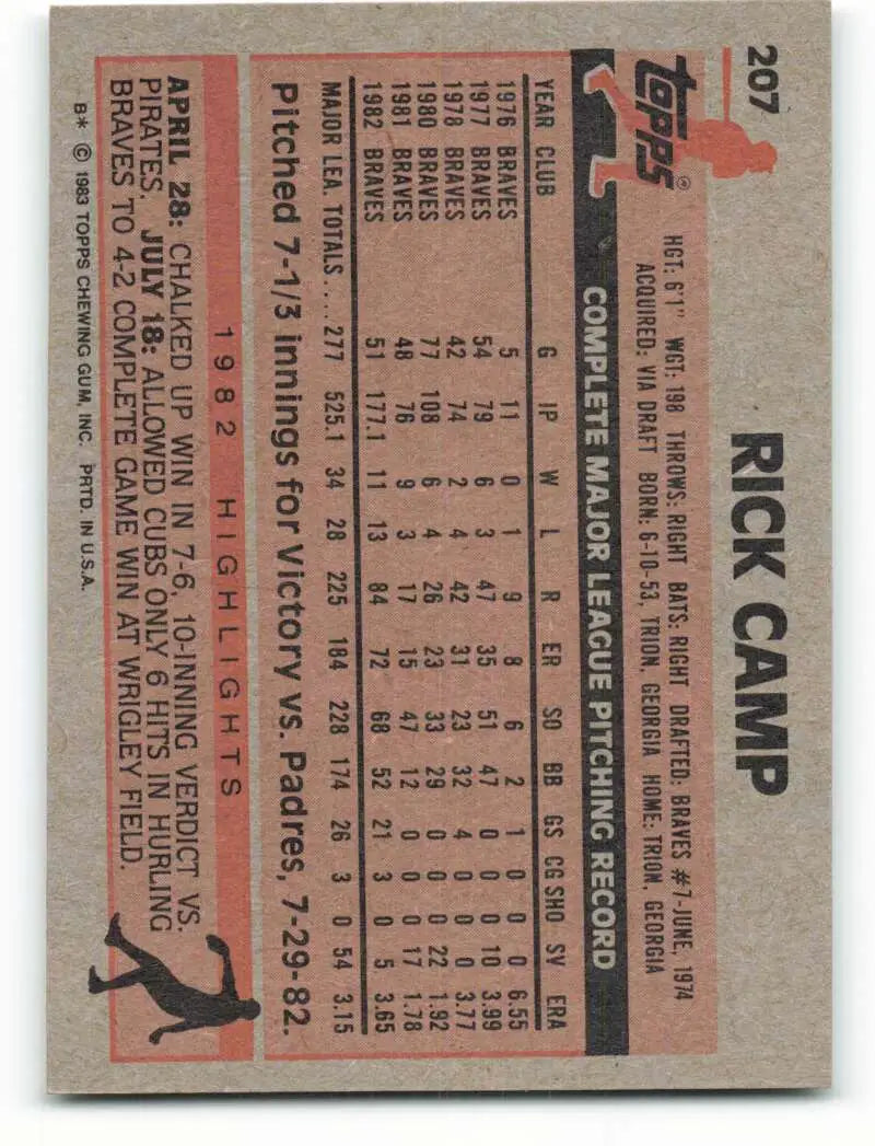 1983 Topps #207 Rick Camp EX Excellent Atlanta Braves Baseball Card - Baseball Card Single
