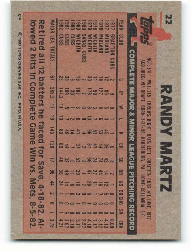 1983 Topps #22 Randy Martz EX Excellent Chicago Cubs Baseball Card - Baseball Card Single