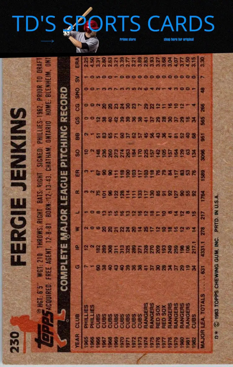 Vintage baseball card featuring Fergie Jenkins from 1983 Topps #230 collection