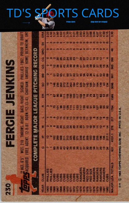 Vintage baseball card featuring Fergie Jenkins from 1983 Topps #230 collection