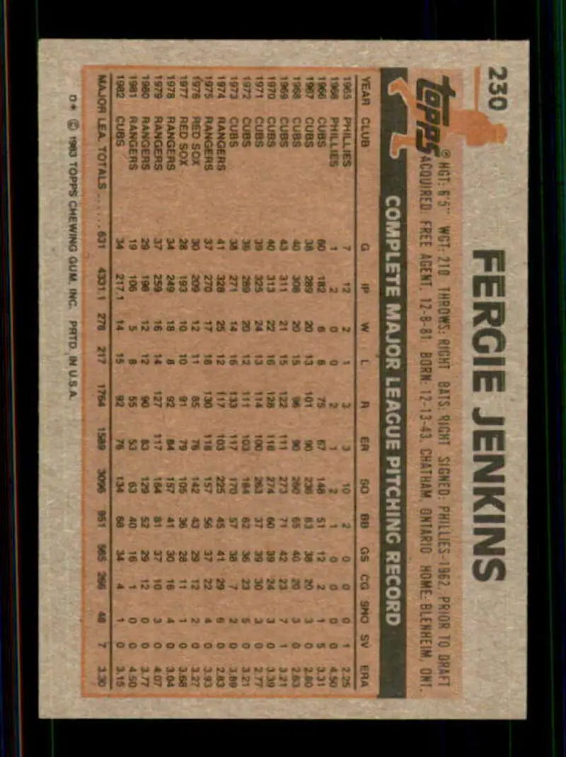 1983 Topps #231 Fergie Jenkins EX Excellent Philadelphia Phillies/Chicago Cubs Baseball Card - Baseball Card Single