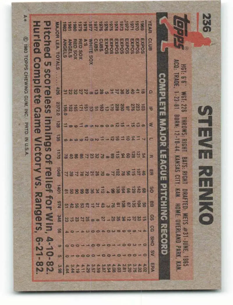 1983 Topps #236 Steve Renko EX Excellent California Angels Baseball Card - Baseball Card Single