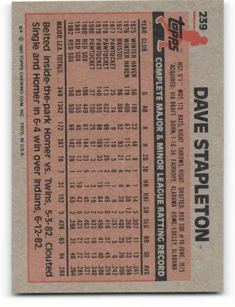 1983 Topps #239 Dave Stapleton EX Excellent Boston Red Sox Baseball Card - Baseball Card Single
