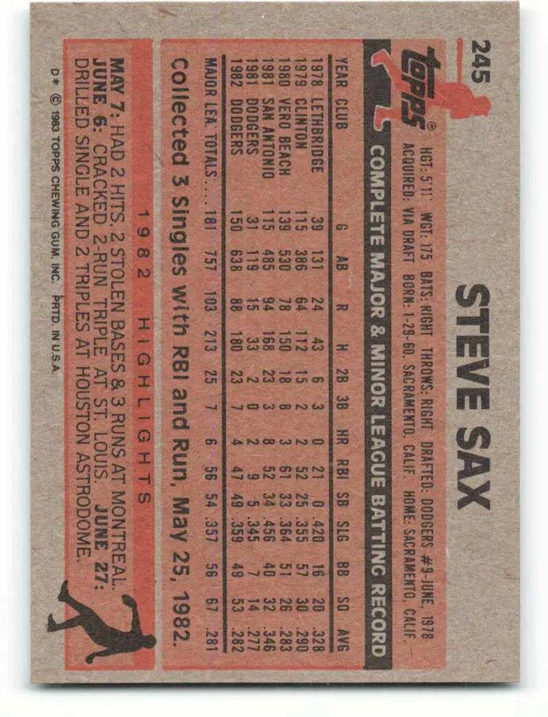 1983 Topps #245 Steve Sax EX Excellent Los Angeles Dodgers Baseball Card - Baseball Card Single