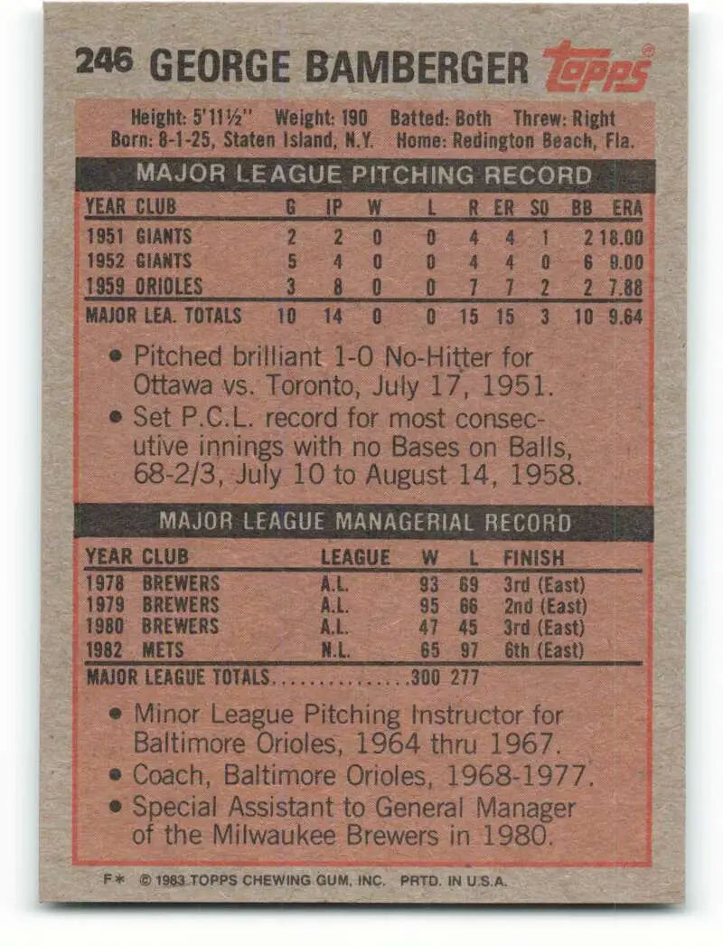 1983 Topps #246 George Bamberger EX Excellent New York Mets Baseball Card - Baseball Card Single