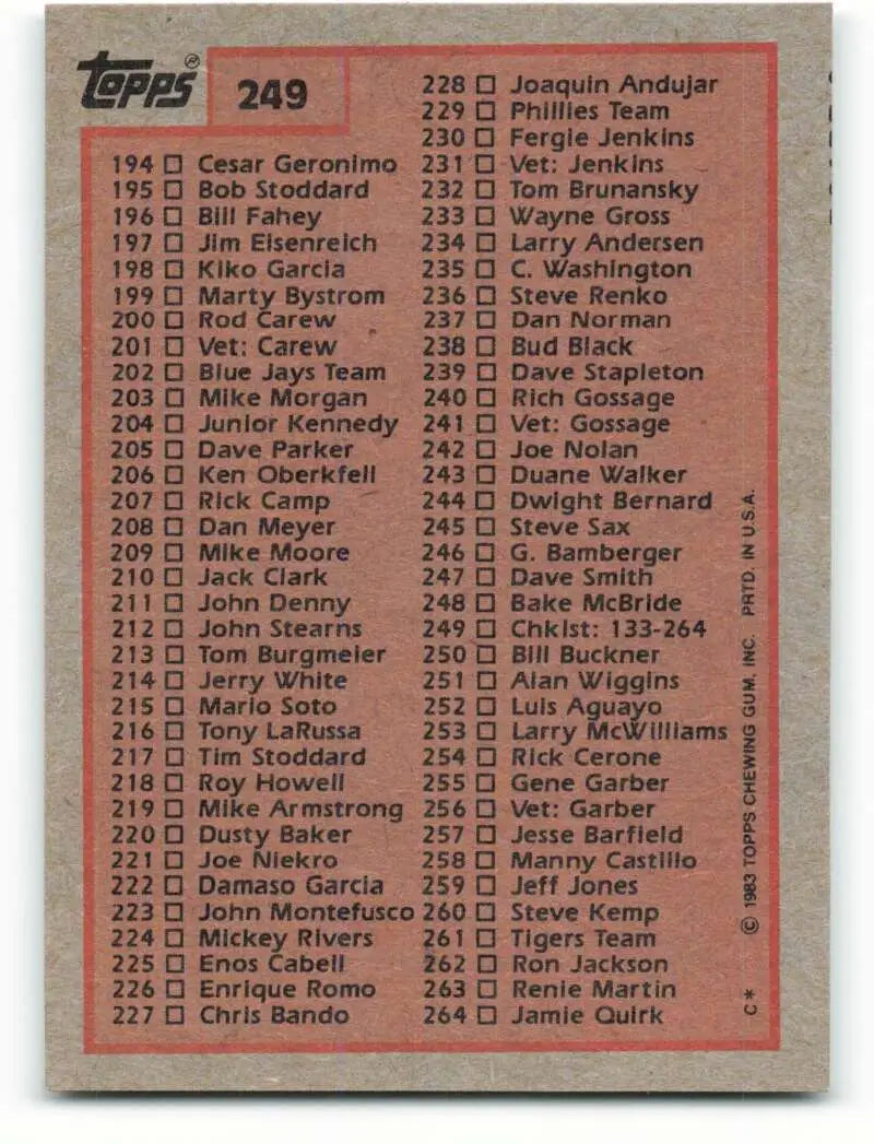1983 Topps #249 Checklist 133-264 EX Excellent Baseball Card - Baseball Card Single