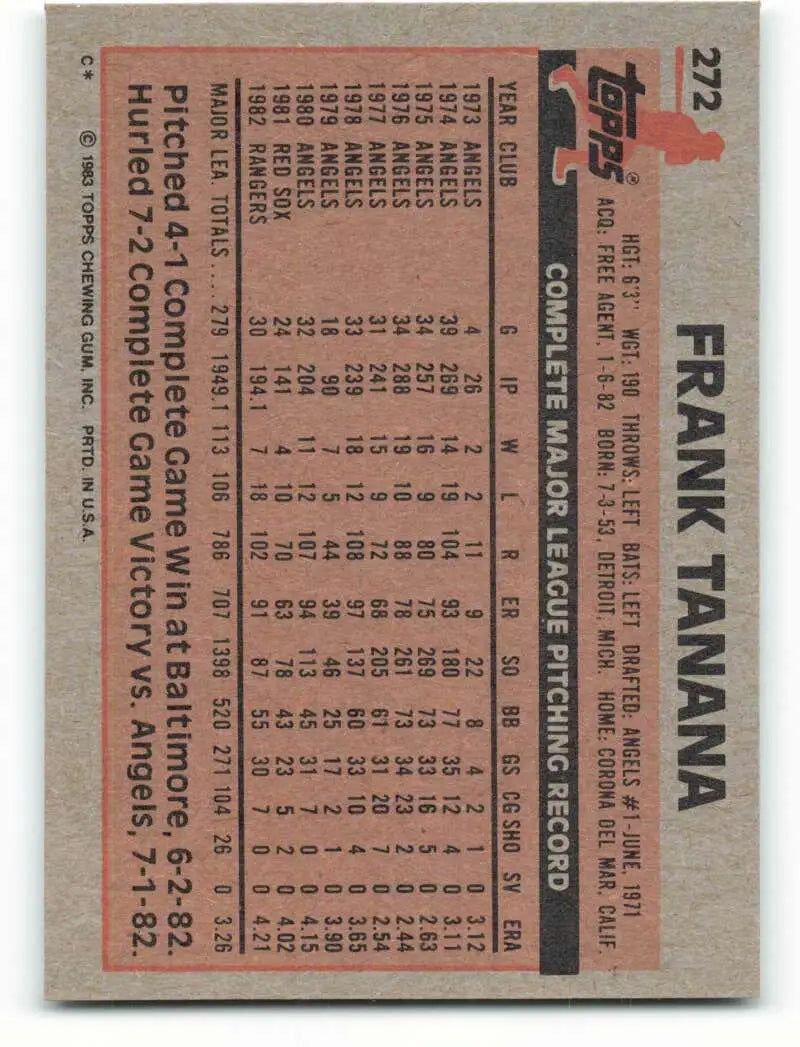 1983 Topps #272 Frank Tanana EX Excellent Texas Rangers Baseball Card