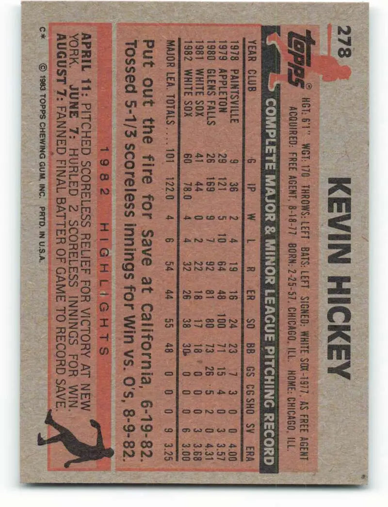 1983 Topps #278 Kevin Hickey EX Excellent Chicago White Sox Baseball Card - Baseball Card Single