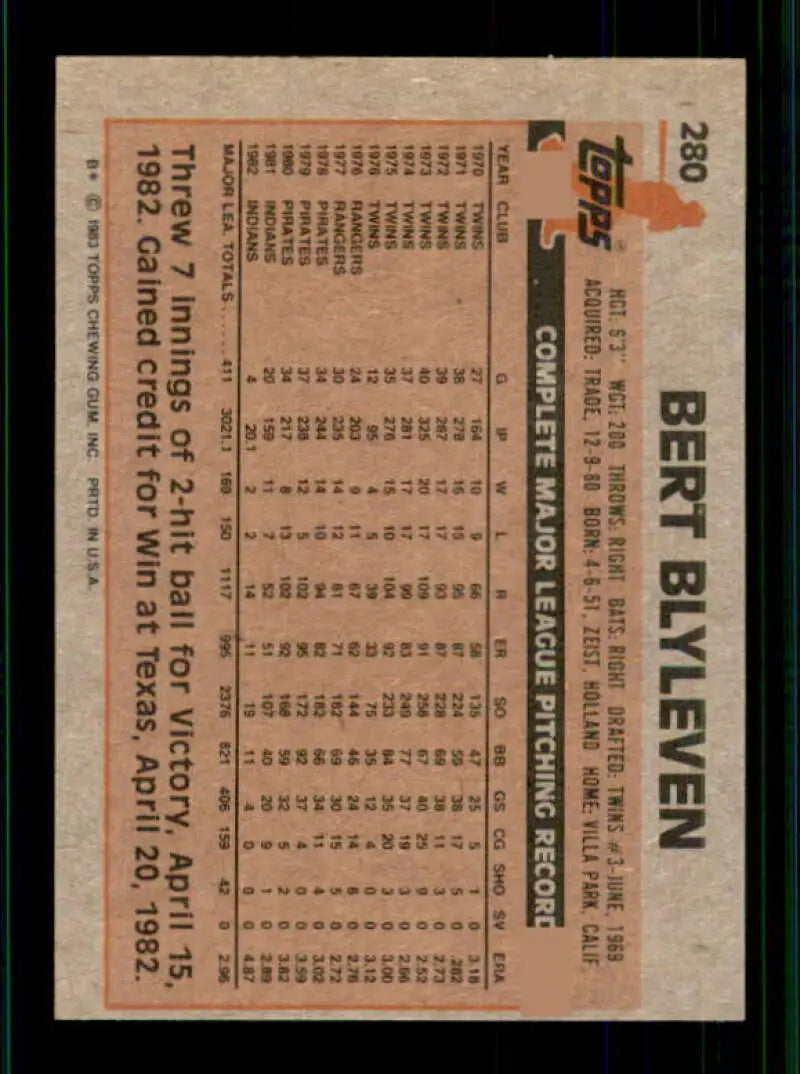 1983 Topps #280 Bert Blyleven EX Excellent Cleveland Indians Baseball Card - Baseball Card Single