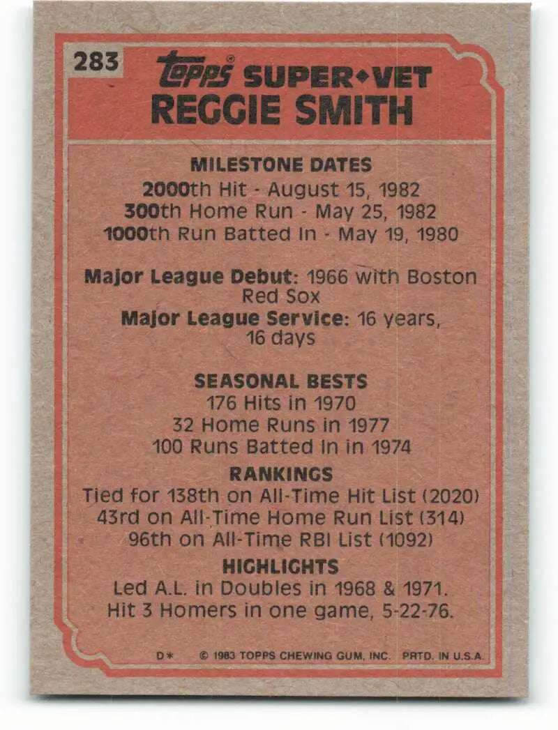 1983 Topps #283 Reggie Smith EX Excellent Boston Red Sox/San Francisco Giants Baseball Card - Baseball Card Single
