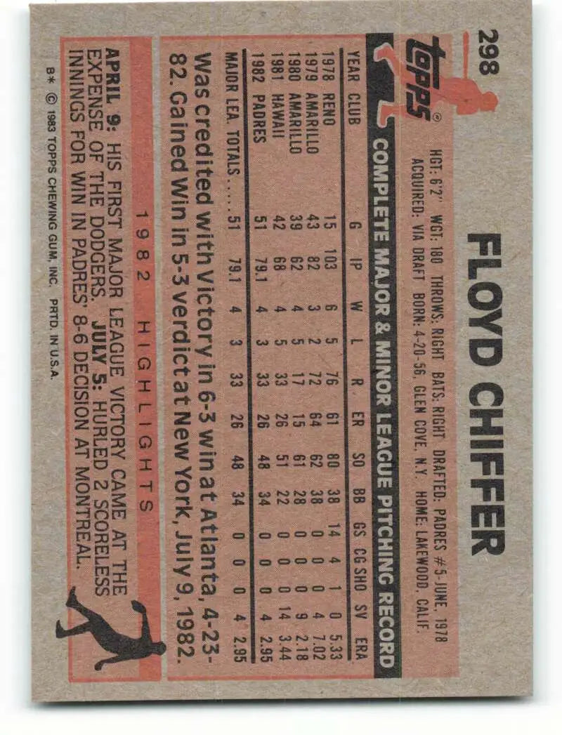 1983 Topps #298 Floyd Chiffer EX Excellent RC Rookie San Diego Padres Baseball Card - Baseball Card Single