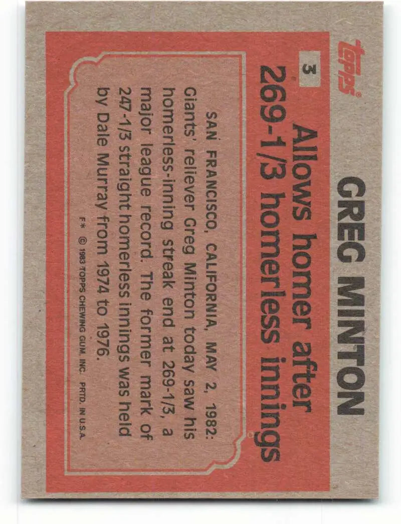 1983 Topps #3 Greg Minton EX Excellent San Francisco Giants Baseball Card - Baseball Card Single