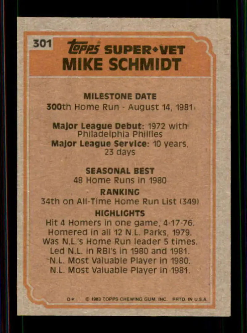 1983 Topps #301 Mike Schmidt EX Excellent Philadelphia Phillies Baseball Card - Baseball Card Single