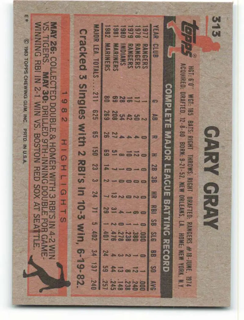 1983 Topps #313 Gary Gray EX Excellent Seattle Mariners Baseball Card - Baseball Card Single