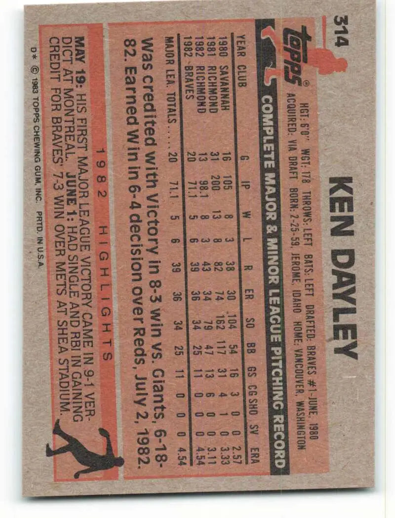 1983 Topps #314 Ken Dayley EX Excellent Atlanta Braves Baseball Card - Baseball Card Single