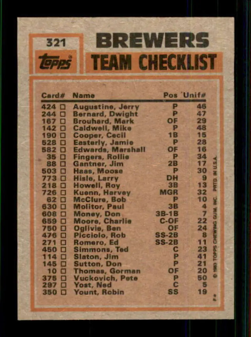 1983 Topps #321 Robin Yount/Pete Vuckovich EX Excellent Milwaukee Brewers Baseball Card - Baseball Card Single