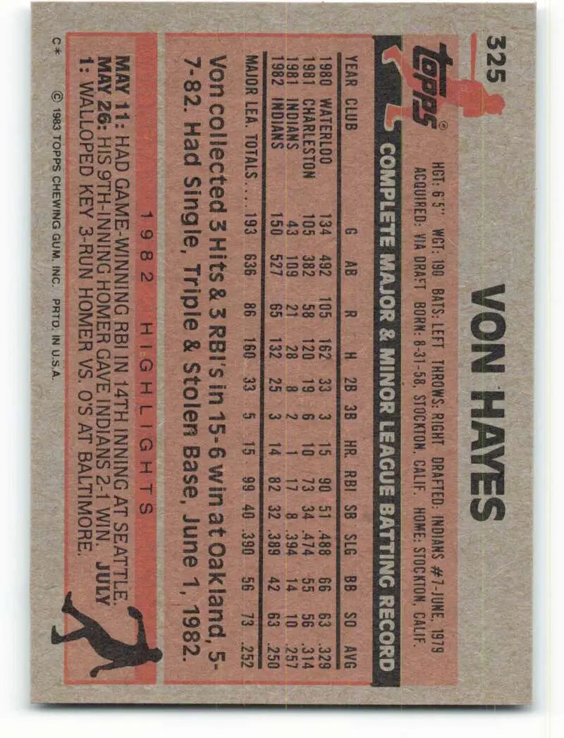 1983 Topps #325 Von Hayes EX Excellent Cleveland Indians Baseball Card - Baseball Card Single