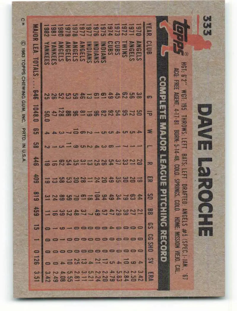 1983 Topps #333 Dave LaRoche EX Excellent New York Yankees Baseball Card - Baseball Card Single