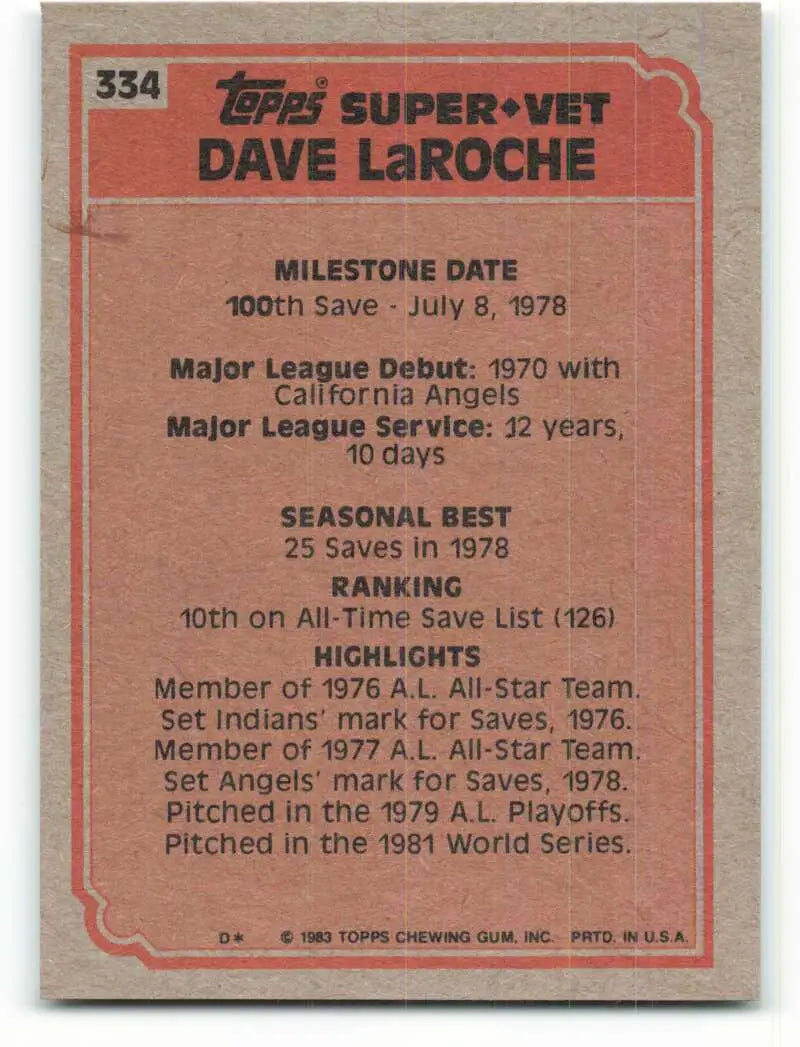 1983 Topps #334 Dave LaRoche EX Excellent California Angels/New York Yankees Baseball Card