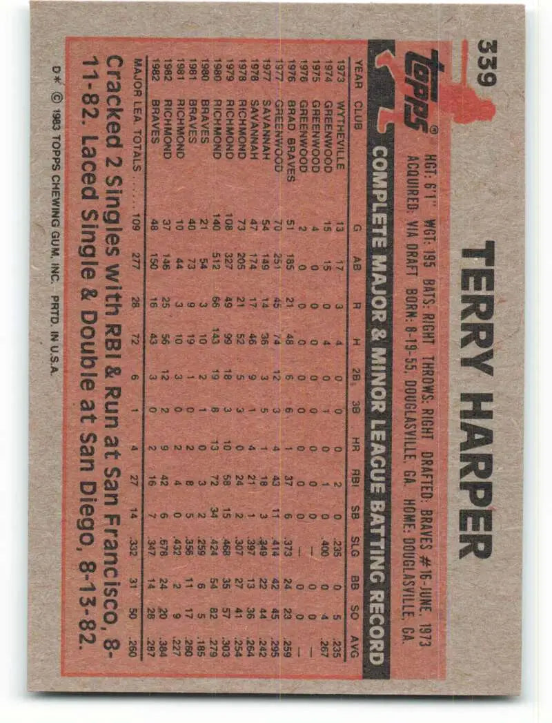 1983 Topps #339 Terry Harper EX Excellent Atlanta Braves Baseball Card - Baseball Card Single