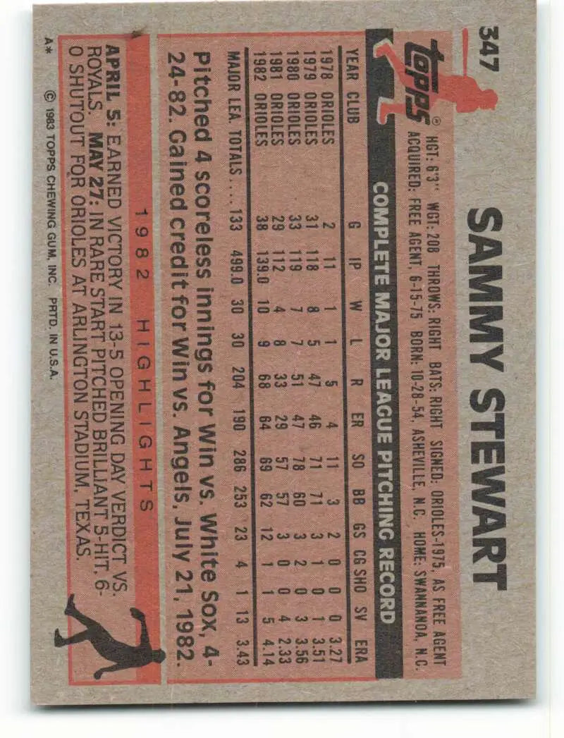 1983 Topps #347 Sammy Stewart EX Excellent Baltimore Orioles Baseball Card - Baseball Card Single
