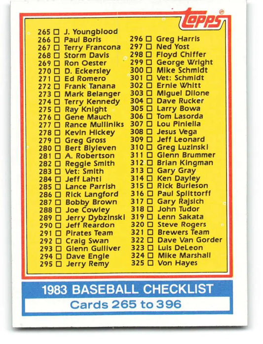 1983 Topps #349 Checklist 265-396 EX Excellent Baseball Card - Baseball Card Single
