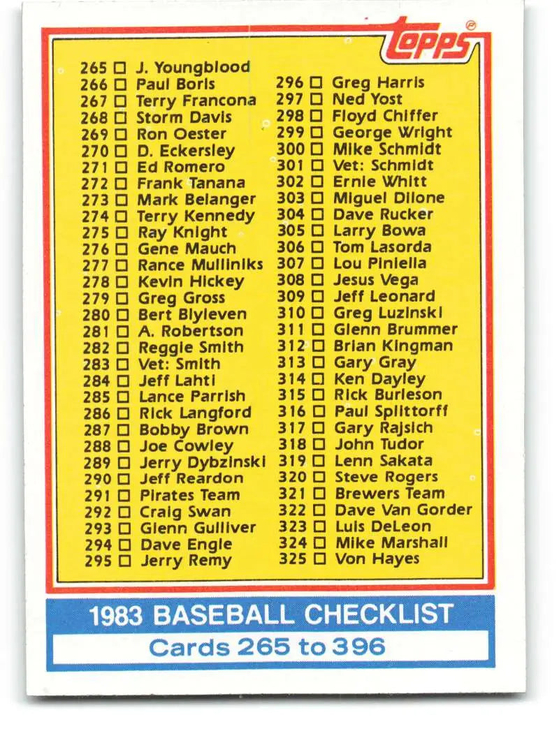 1983 Topps #349 Checklist 265-396 EX Excellent Baseball Card - Baseball Card Single
