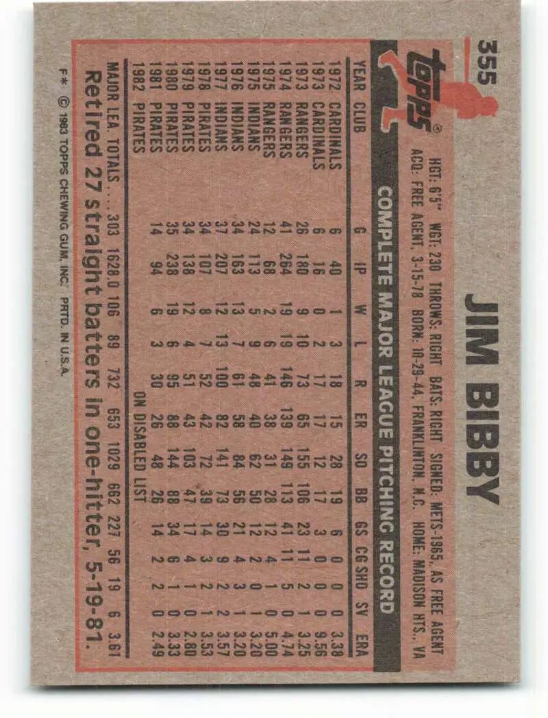 1983 Topps #355 Jim Bibby EX Excellent Pittsburgh Pirates Baseball Card - Baseball Card Single