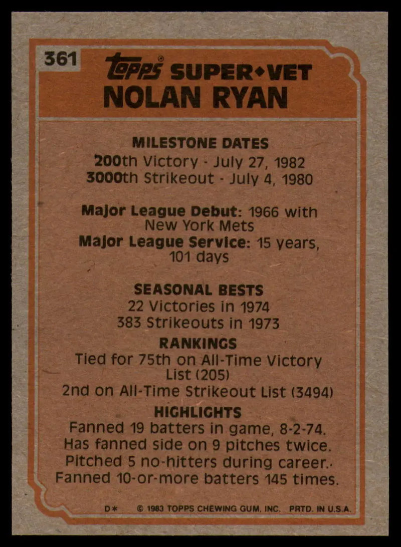 1983 Topps #361 Nolan Ryan EX Excellent New York Mets/Houston Astros Baseball Card - Baseball Card Single