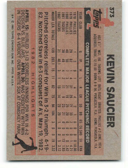 1983 Topps #373 Kevin Saucier EX Excellent Detroit Tigers Baseball Card - Baseball Card Single