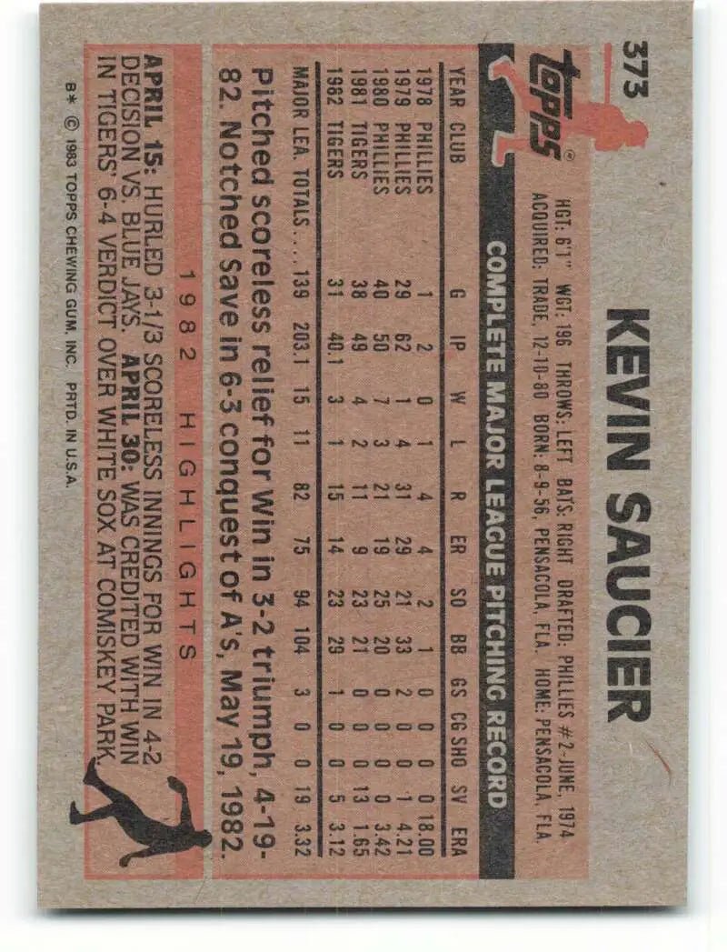 1983 Topps #373 Kevin Saucier EX Excellent Detroit Tigers Baseball Card - Baseball Card Single