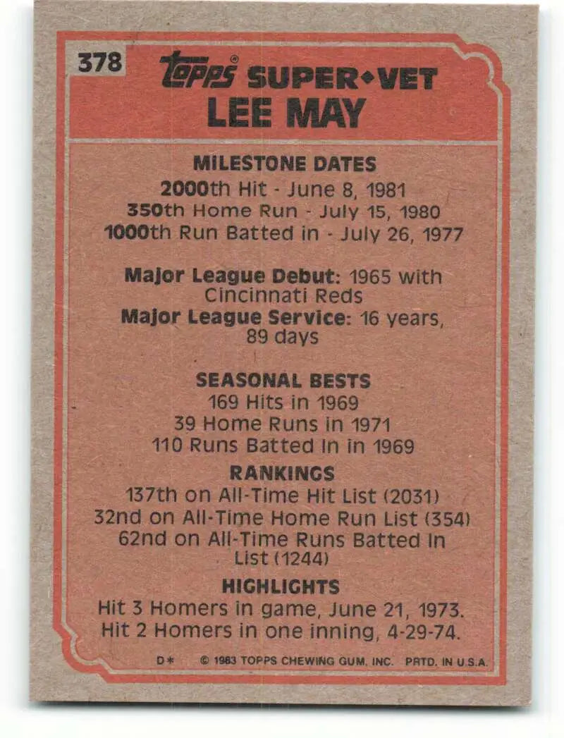 1983 Topps #378 Lee May EX Excellent Cincinnati Reds/Kansas City Royals Baseball Card - Baseball Card Single