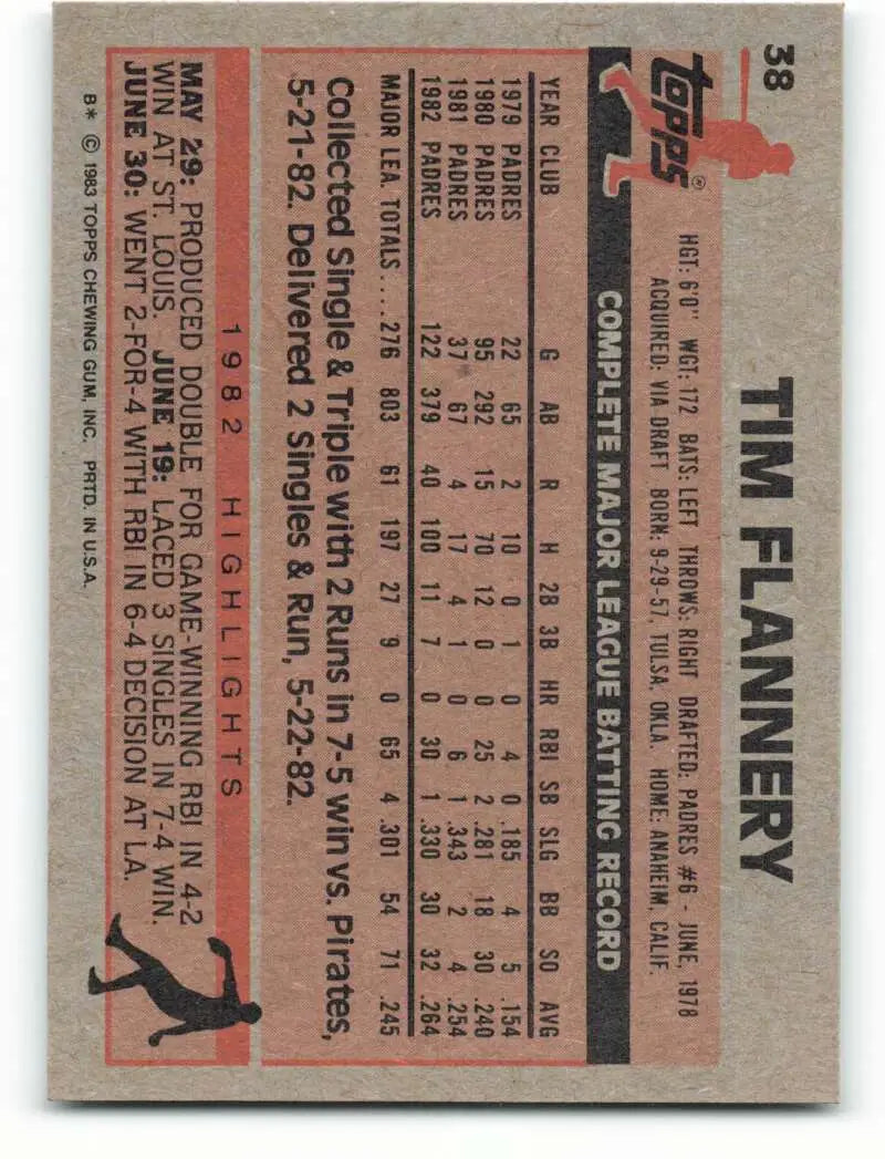 1983 Topps #38 Tim Flannery EX Excellent San Diego Padres Baseball Card - Baseball Card Single
