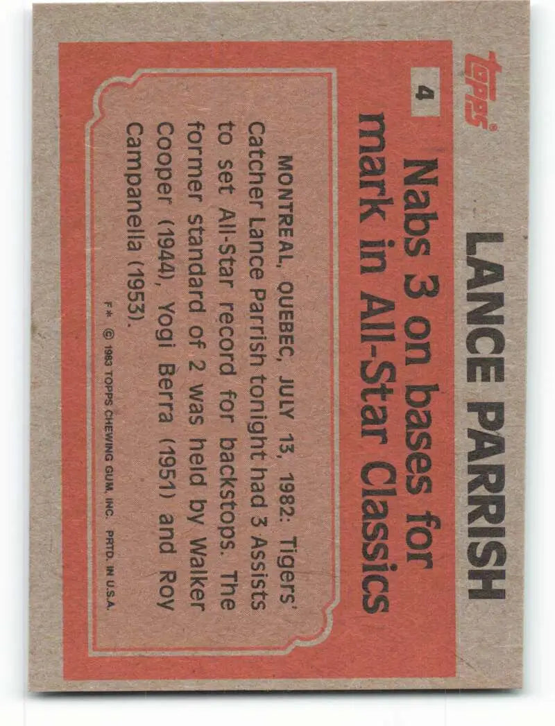 1983 Topps #4 Lance Parrish EX Excellent Detroit Tigers Baseball Card - Baseball Card Single