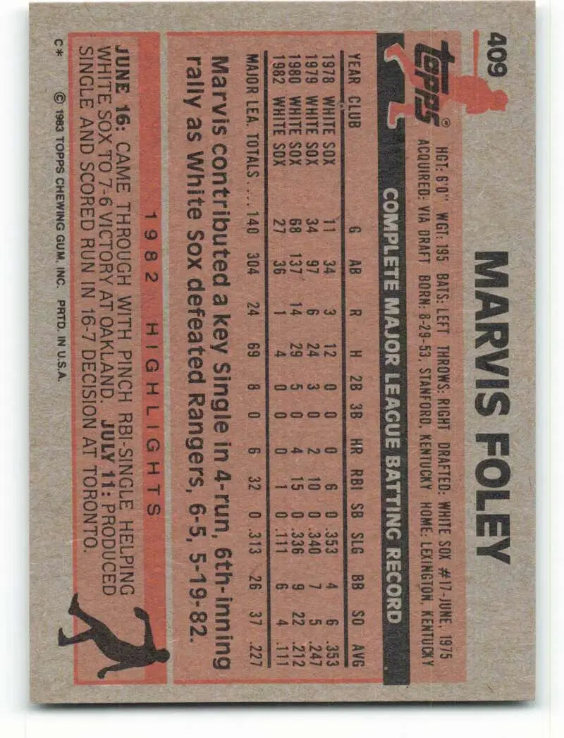 1983 Topps #409 Marv Foley EX Excellent Chicago White Sox Baseball Card - Baseball Card Single