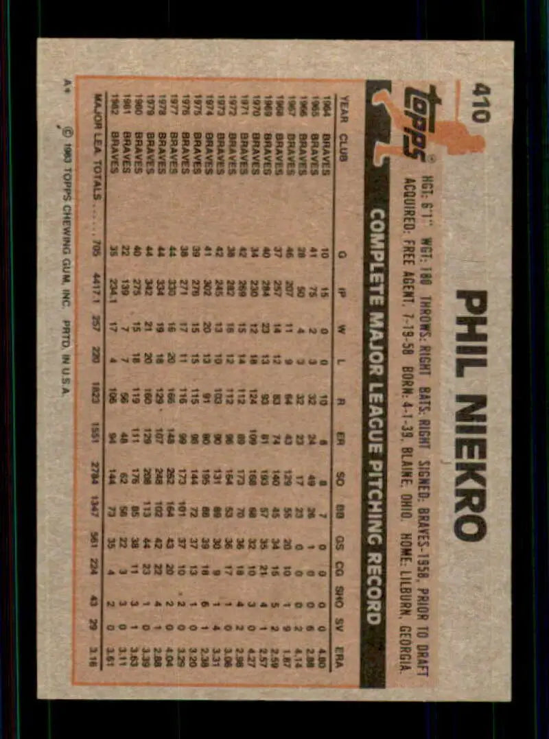 1983 Topps #410 Phil Niekro EX Excellent Atlanta Braves Baseball Card - Baseball Card Single