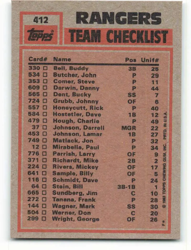 1983 Topps #412 Buddy Bell/Charlie Hough EX Excellent Texas Rangers Baseball Card - Baseball Card Single